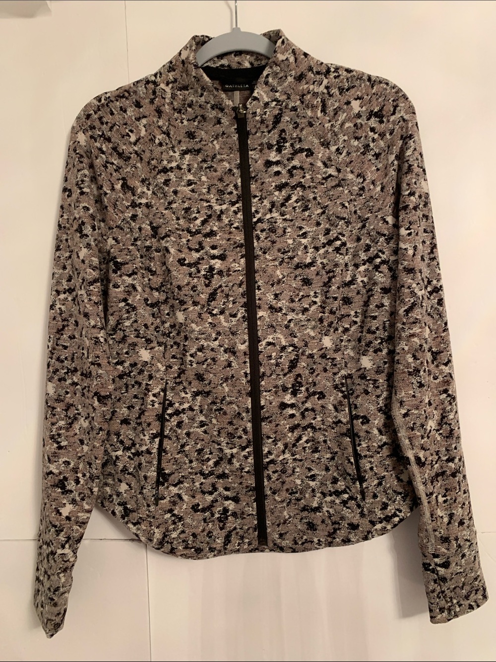 Athleta Speckled Zip Bomber Jacket - Beige, Black, Cream Pockets Size M